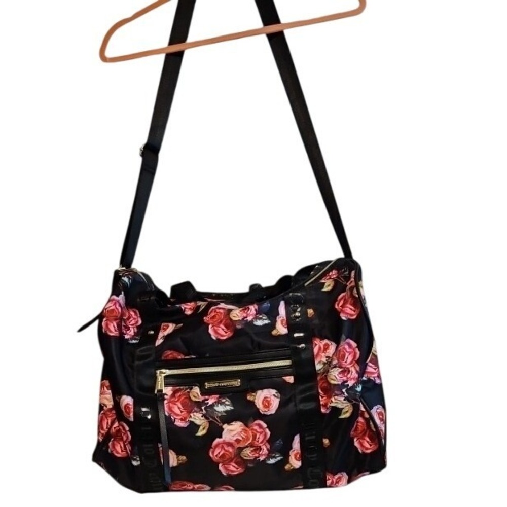 Juicy Couture Black Pink Rose‎ Floral Nylon Duffle Weekender Crossbody Bag